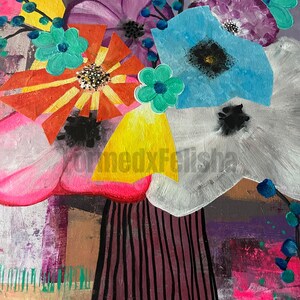 May include: Abstract floral painting featuring a bouquet of colorful flowers in a vase. The flowers are in shades of pink, orange, blue, purple, and white, with green accents. The vase is dark with vertical black stripes. The background has a textured appearance.