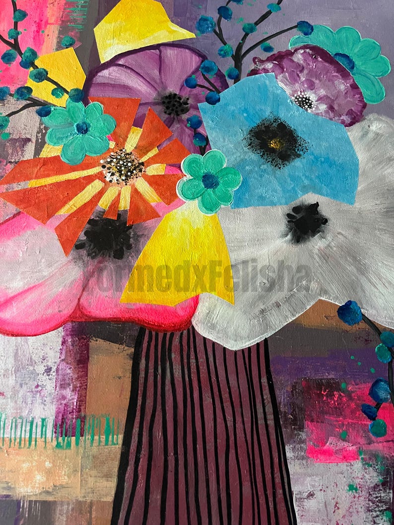 May include: Abstract floral painting featuring a bouquet of colorful flowers in a vase. The flowers are in shades of pink, orange, blue, purple, and white, with green accents. The vase is dark with vertical black stripes. The background has a textured appearance.