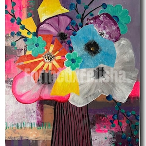 May include: Abstract floral painting featuring a bouquet of colorful flowers in a vase. The flowers include pink, orange, blue, purple, and white blooms with yellow accents. The background is a mix of pink, purple, and brown.