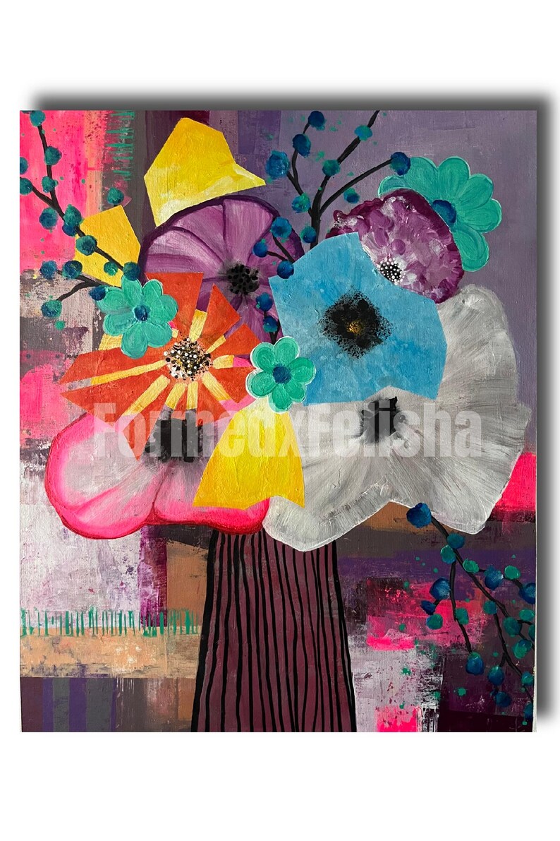 May include: Abstract floral painting featuring a bouquet of colorful flowers in a vase. The flowers include pink, orange, blue, purple, and white blooms with yellow accents. The background is a mix of pink, purple, and brown.