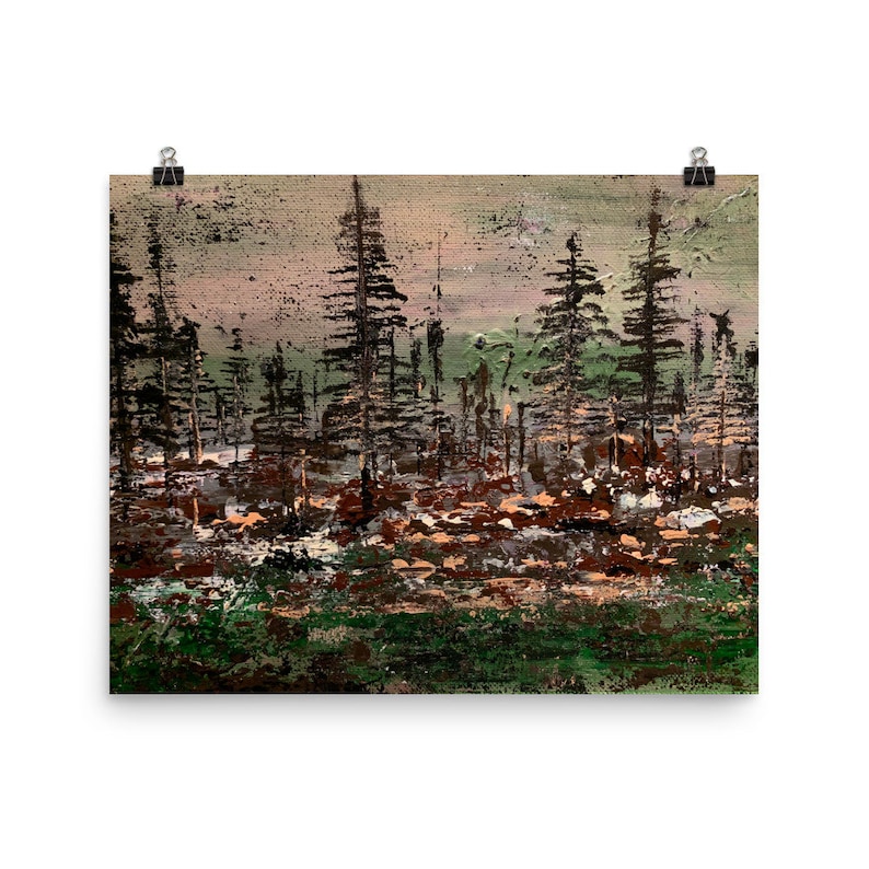 Abstract Landscape Art Poster Print Wall Art Trees Scenery Green Gray Brown Home Decor