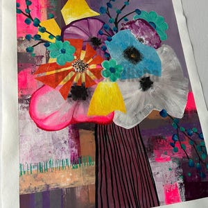 May include: Abstract floral painting featuring a bouquet of colorful flowers. The artwork showcases a vibrant mix of colors, including pink, yellow, blue, and purple. The flowers are arranged in a vase with vertical stripes, set against a textured background.