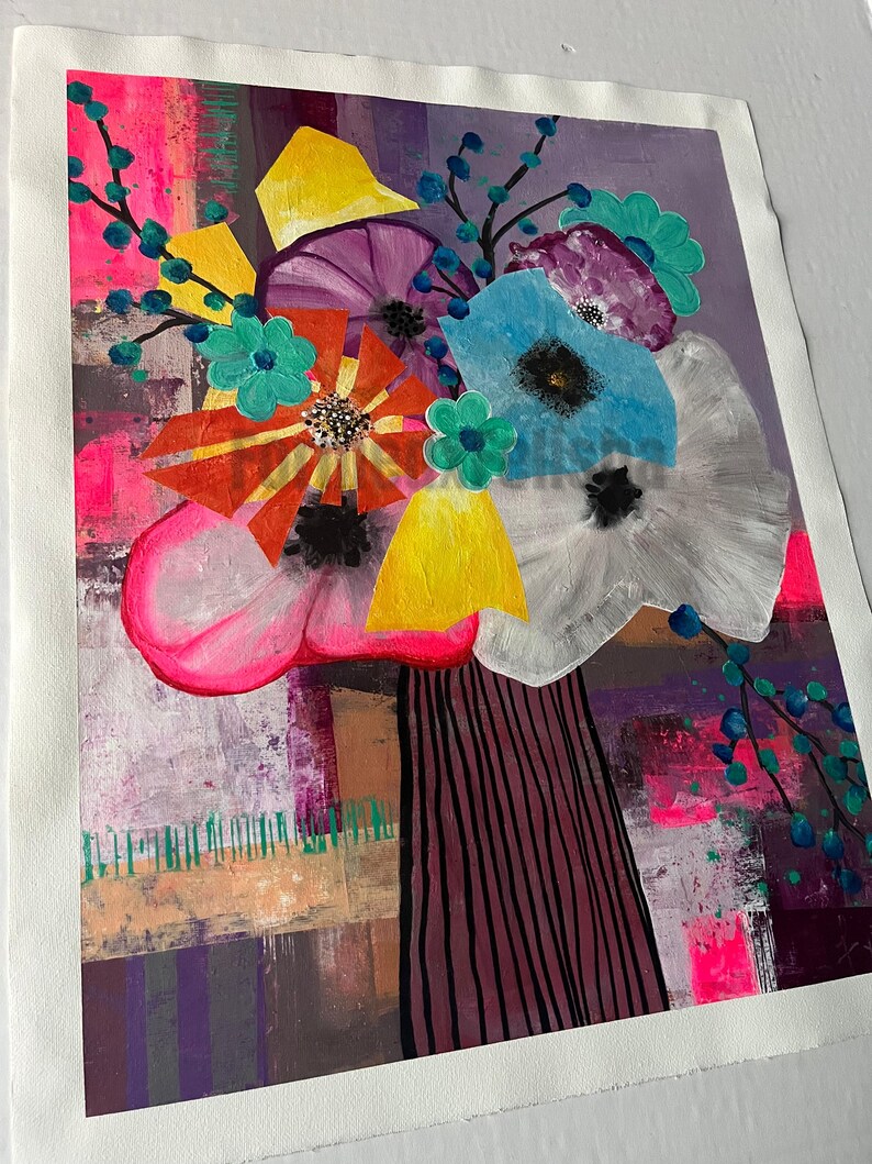 May include: Abstract floral painting featuring a bouquet of colorful flowers. The artwork showcases a vibrant mix of colors, including pink, yellow, blue, and purple. The flowers are arranged in a vase with vertical stripes, set against a textured background.