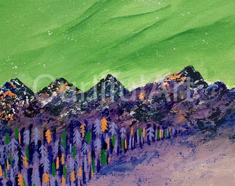 8 x 10 Small Unframed Art Original Painting Abstract Landscape Northern Lights Mountains Wall Art Green Purple