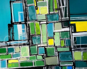 Large Abstract Geometric Painting|  24x30 | Green, Teal, Yellow Home Decor | Abstract Artwork | Original Painting | Wall Art