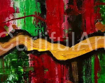 9x12in Green Red Gold Abstract Art Acrylic Painting Small Unframed Wall Art Unique Home Decor