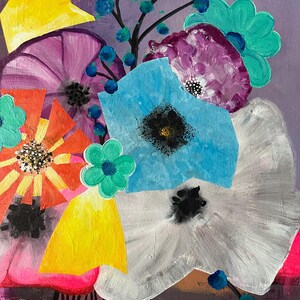 May include: Abstract floral painting featuring a variety of colorful flowers. The artwork includes a large white flower, a blue flower, and an orange flower with yellow accents. The background is a mix of purple and pink hues, with black vertical lines at the bottom.