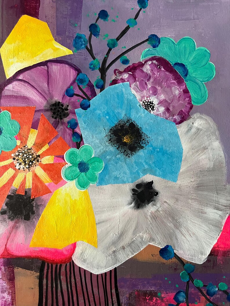 May include: Abstract floral painting featuring a variety of colorful flowers. The artwork includes a large white flower, a blue flower, and an orange flower with yellow accents. The background is a mix of purple and pink hues, with black vertical lines at the bottom.