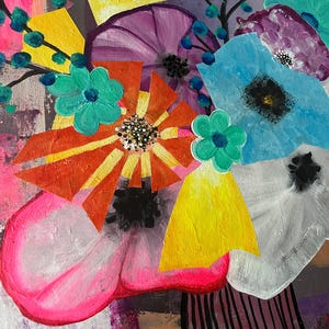 May include: Abstract floral painting with a vibrant mix of colors. Features large, stylized flowers in shades of pink, orange, blue, and purple, with yellow geometric shapes. The background has a textured appearance with vertical stripes.