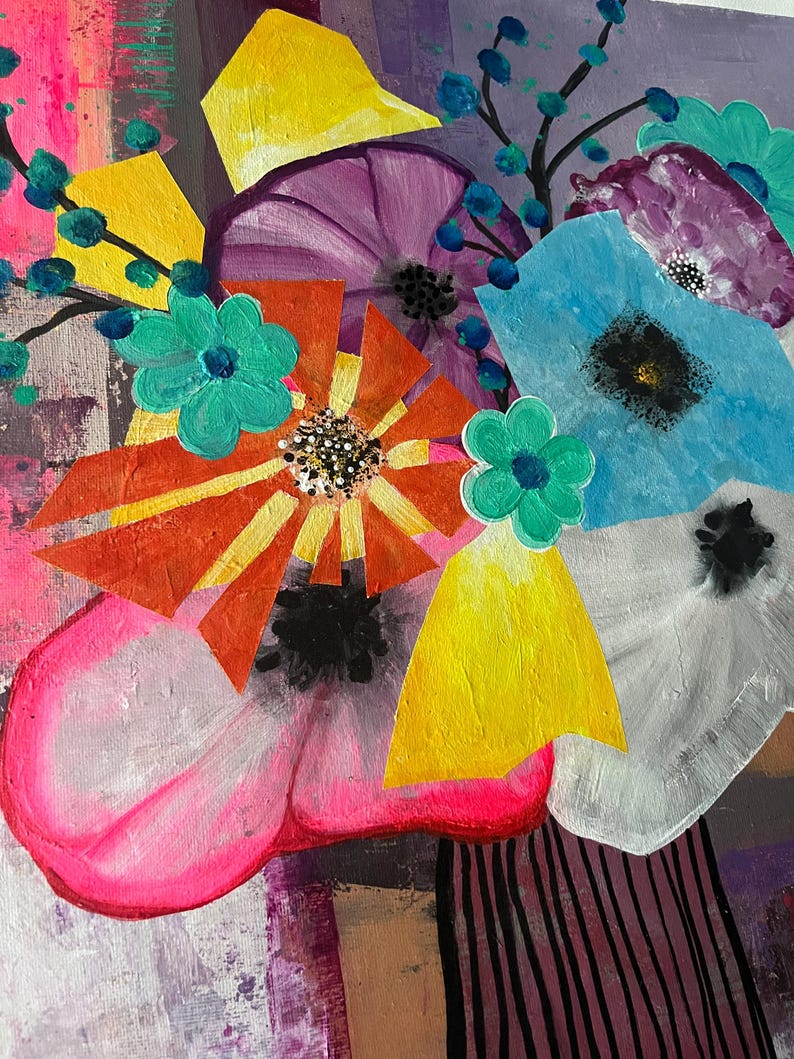 May include: Abstract floral painting with a vibrant mix of colors. Features large, stylized flowers in shades of pink, orange, blue, and purple, with yellow geometric shapes. The background has a textured appearance with vertical stripes.