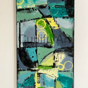 10x20in Green Yellow Teal Abstract Painting   Original Artwork   Home Decor- Handmade Gift