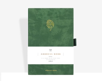 Address Book - Thick 140gsm Paper - Organise & Record Contacts and Addresses - Page Tabs, Label Stickers Included - Monstera