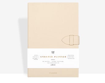 Planner - Undated Planner- A5 Thick 140gsm Paper - NO Dates Start Anytime - Weekly/Monthly/Year Spread -Bound by Hand -Beige