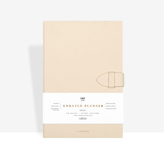 Planner - Undated Planner- A5 Thick 140gsm Paper - NO Dates Start Anytime - Weekly/Monthly/Year Spread -Bound by Hand -Beige
