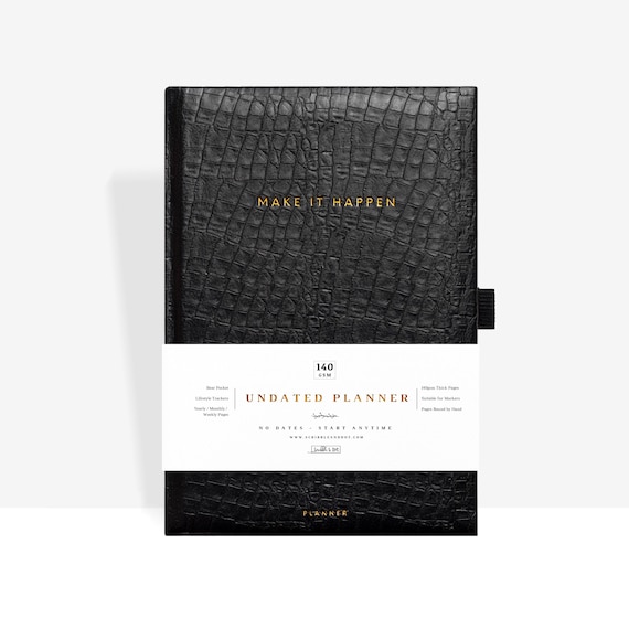 Make it Happen Planner - Undated Planner- A5 Thick 140gsm Paper - NO Dates Start Anytime - Weekly/Monthly/Year Spread -Bound by Hand