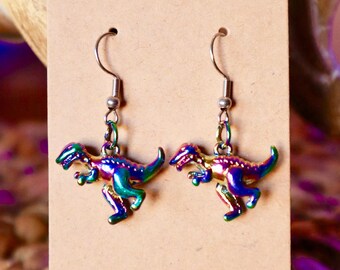 Handmade Iridescent T-Rex Dinosaur Earrings
