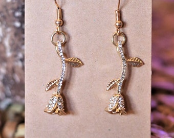 Beauty and the Beast Inspired Rose Earrings, Rhinestone Earrings, Gold Rose Earrings, Belle Costume Earrings, 22k Gold Plated Hooks, Unique