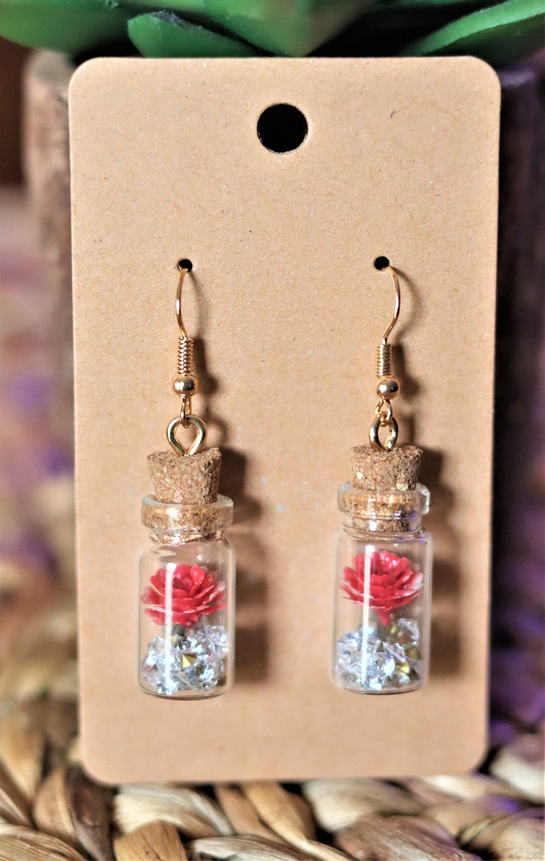 Miniature Glass Bottles with Pink Roses and Rhinestones, Unique Gift, Rose Earrings, Flower Earrings, 22k Gold Plated Hooks