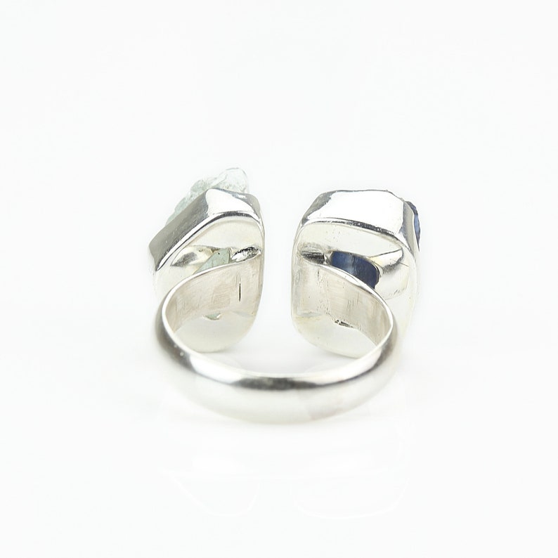 Open silver ring with raw aquamarine and blue kyanite Adjustable natural gemstone ring Bohemian interesting jewellery Unique gift