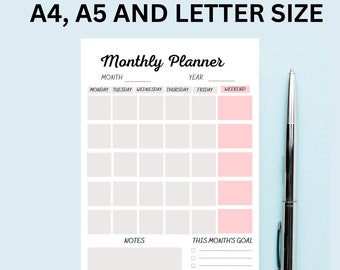 Monthly Planner Printable, A4, A5 and Letter Size Pdf, Instant Download, Undated Monthly Planner.