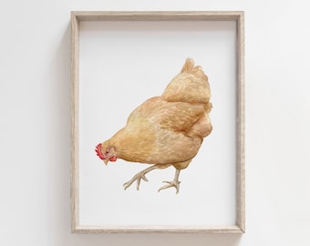 Buff Orpington Chicken Watercolor Art Print | Chicken Painting | Yellow Chicken Wall Art