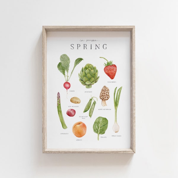 In Season: Spring | Local Seasonal Produce Chart | Seasonal Food Watercolor Art Print | Kitchen Art | Montessori | Homeschool Nature Chart