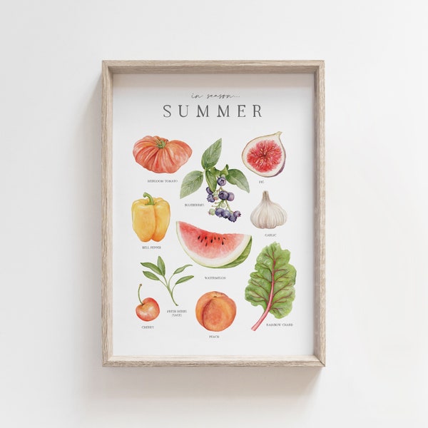 In Season: Summer | Local Seasonal Produce Chart | Seasonal Food Watercolor Art Print | Kitchen Art | Montessori | Homeschool Nature Chart