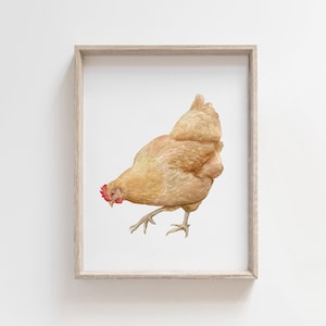 May include: A watercolor painting of a light brown chicken with red wattle and comb, walking to the left. The chicken is framed in a light wood frame.
