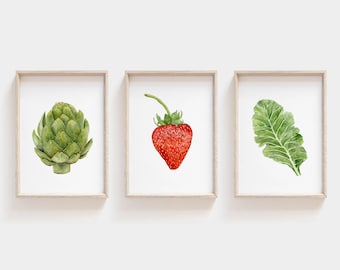 Set of Three 5x7 Watercolor Seasonal Produce Prints | Farmhouse Kitchen Wall Art | Dining Room Art | Artichoke art | Strawberry painting