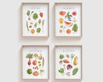 Set of Four Watercolor Seasonal Produce Prints | Farmhouse Kitchen Wall Art | Dining Room Wall Art | Kitchen Decor | Homeschool Nature Study