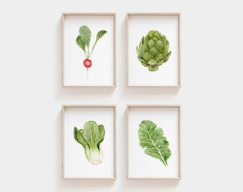 Set of Four 5x7 Watercolor Seasonal Produce Prints | Farmhouse Kitchen Wall Art | Dining Room Art | Artichoke art | Strawberry painting