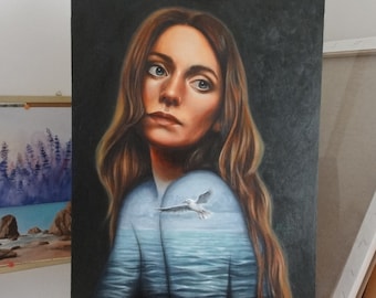 Original Oil Painting with Woman Seagull and seascape