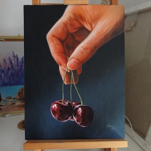 Original oil painting still life with cherries and hand