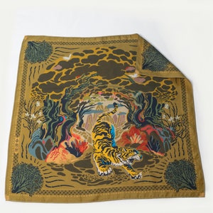 100% silk, Bandana, Neckerchief, Hair scarf, Neck scarf, Women's Scarf, Fashion Scarf,  Bag Accessory, Gift,  Tiger in The Woods(gold)