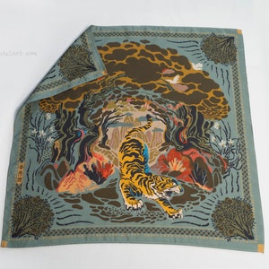 100% Mulberry Silk Scarf with vintage design by Yuke Li, neckerchief, handkerchief, bandana, and accessory for a bag. 2 sizes available