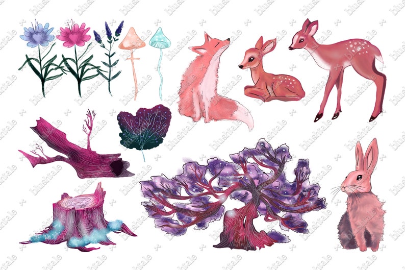 Forest Animals Magical Forest Watercolor Clipart Flowers Clipart Enchanted Forest Forest Clipart Spring Clipart Fairytale Clipart