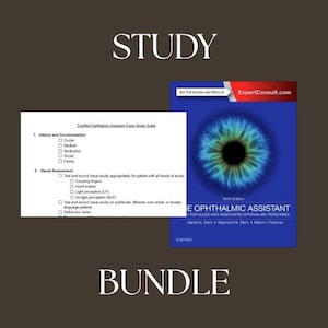 May include: A study bundle with a textbook, "The Ophthalmic Assistant", featuring a blue eye graphic, and a study guide. The text includes "ExpertConsult.com" and "Certified Ophthalmic Assistant Exam Study Guide".