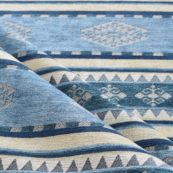 kilim fabric upholstery bohemian blue boho tapestry tribal southwestern turkish navajo moroccan mexican ethnic fabric by the yard meter