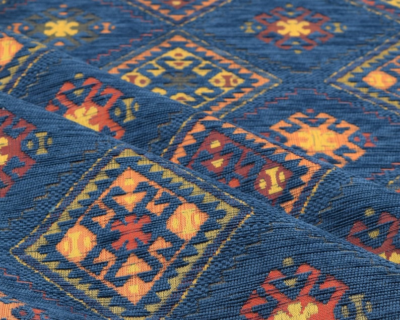 upholstery fabric kilim bohemian boho tapestry tribal southwestern turkish navajo moroccan mexican ethnic fabric by the yard meter kelim Blue