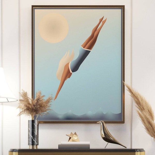 Art Deco Print| Diver Print | Vintage Maritime Style | Bathroom Decor | Swimming Poster | Modern Art Deco Poster