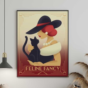 May include: A vintage-style illustration of a woman in a red dress and a black hat holding a black cat. The text "FELINE FANCY" is below the woman and cat.