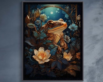 Art Noveau Frog Print | Goblincore Frog Poster Art | Cottagecore Home Wall Decor | Floral Toad Art Print |  Landscape Nature Poster