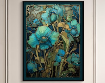 Vergulde bloemen | Matte Giclée-kunstposterafdruk | Art-nouveauafdruk | Art-nouveaubloemen | Art Nouveau-glas in lood | Art-decobloemen