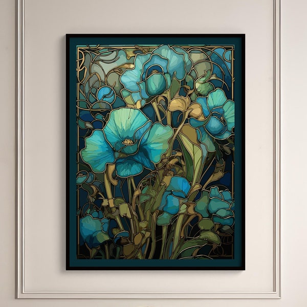 Vergulde bloemen | Giclée matte kunstposterafdruk | Art Nouveau-print | Art Nouveau-bloemen | Art Nouveau-glas in lood | Art-decobloemen