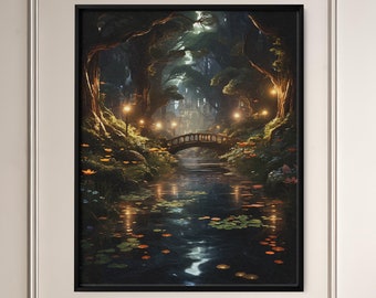 Verzauberter Fantasy-Wald Print, Nachtwald Fee Dekor, Fantasy-Wald Landschaft, Dunkler Cottagecore, spiritueller Wald Wand-Kunst-Print