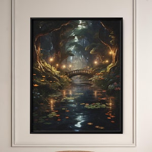 Verzauberter Fantasy-Wald Print, Nachtwald Fee Dekor, Fantasy-Wald Landschaft, Dunkler Cottagecore, spiritueller Wald Wand-Kunst-Print