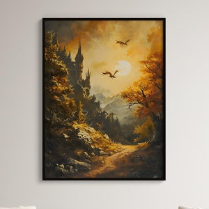 Enchanted Dragon Print: A Medieval Dragon Castle in a Fantasy Forest Landscape - Dark Cottagecore Decor and Bookish Gift
