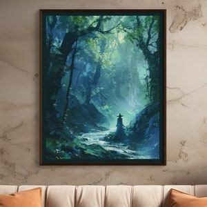 Fantasy Wald Print, Nachtwald Fee Dekor, Fantasy Wald Landschaft, Dunkler Cottagecore, spiritueller Wald Wand Kunst, Hexe Home Art