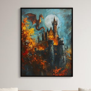 Magical Dragon Print: A Medieval Dragon Castle in a Fantasy Landscape - Dark Cottagecore Decor and Bookish Gift