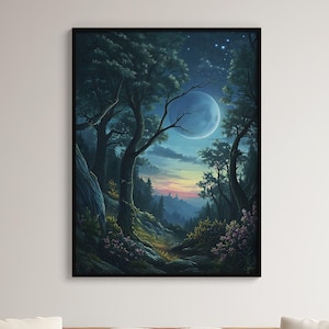 Nachtwald Feen-Dekor, Verzauberte Fantasy-Schloss Wald Druck, Fantasy-Waldlandschaft, Dunkler Cottagecore, spiritueller Wald Wand-Kunst-Druck
